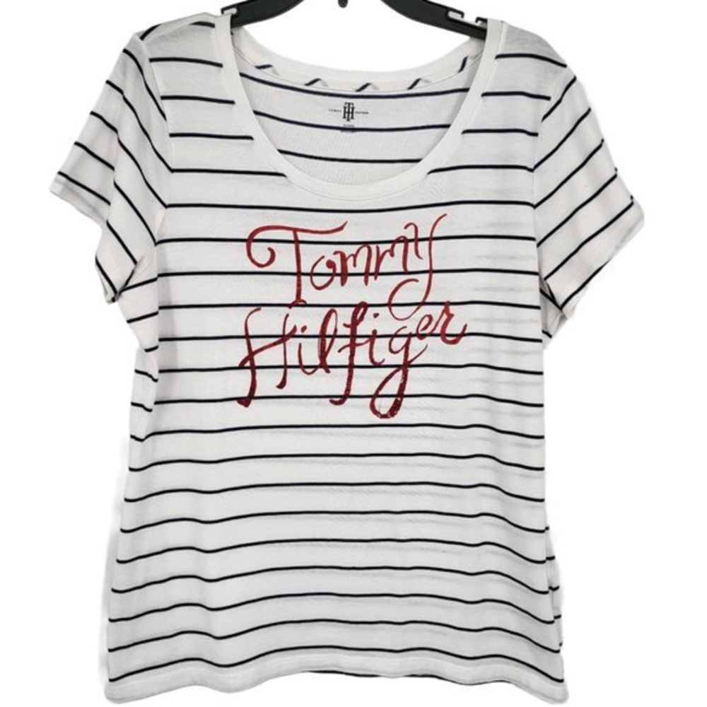 Tommy Hilfiger Womens Size XL White Blue Striped Short Cap‎ Sleeve T Shirt